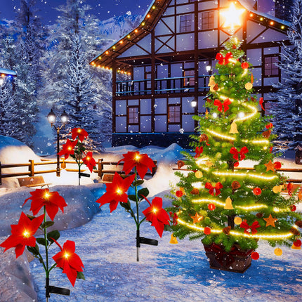 VIHOSE 4 Pieces Christmas Solar Poinsettia Stake Flowers Lights Waterproof Trees Pathway Lights Poinsettia Garden LED Lights Outside Decorations for Pathway Yard Garden Lawn Outdoor Decorative