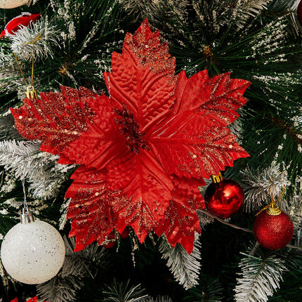 10 Pcs Large Christmas Poinsettia Picks Christmas Tree Glitter Flowers Decorations Ornaments for Christmas Tree Wreath, Red, 8.3 inch (PR3000)
