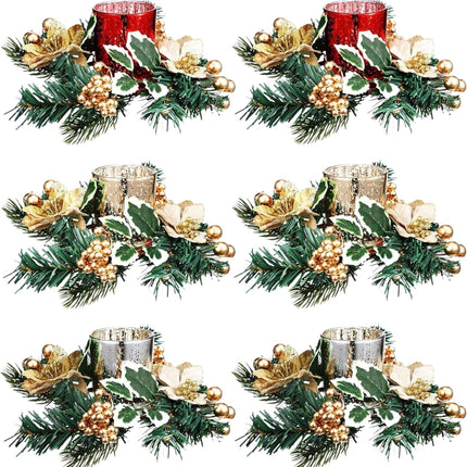 Set of 12 Christmas Votive Candle Holders with Berry Candle Rings, 6 Glass Votive Tealight Holders with 6 Christmas Candle Rings for Christmas Centerpiece Table Decor(Gold,Trendy)