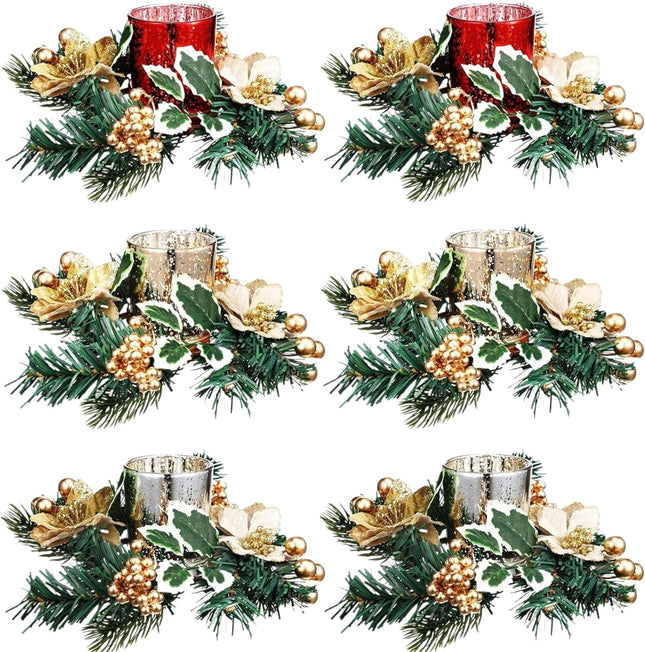 Set of 12 Christmas Votive Candle Holders with Berry Candle Rings, 6 Glass Votive Tealight Holders with 6 Christmas Candle Rings for Christmas Centerpiece Table Decor(Gold,Trendy)