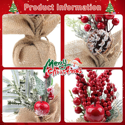 Fangoo 6pcs Mini Artificial Christmas Tree with Pine Cone Red Berry Desktop Tree with Linen Base Artificial Frost Trees Xmas Tree for Office Desks and Christmas Party Decorations