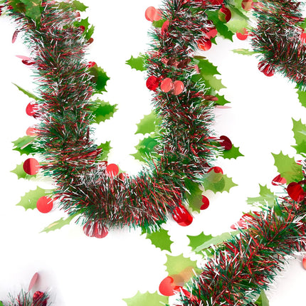 33 Ft Christmas Tinsel Garland, Green Glitter Xmas Tree Decorations with Frost Tip Leafs and Red Berry Shapes, Metallic Fluffy Hanging Party Ornaments for Ceiling Stairs