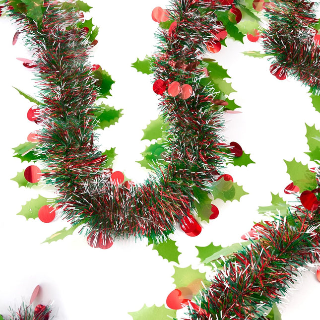 33 Ft Christmas Tinsel Garland, Green Glitter Xmas Tree Decorations with Frost Tip Leafs and Red Berry Shapes, Metallic Fluffy Hanging Party Ornaments for Ceiling Stairs