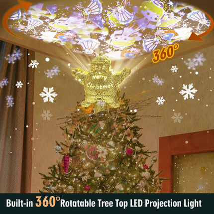 Christmas Tree Topper Lighted with 4 Projection Patterns, Santa Claus Tree Topper Built-in LED Rotating Lights, Stunning Gold 3D Projection for Xmas Party Holiday Decor