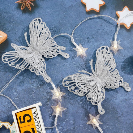 12 PCS Glitter Butterfly Christmas Tree Ornaments, Hollow-Out Butterfly Christmas Decoration with Clips, Craft Xmas Ornaments, Christmas Tree, Wreath, Garland, Home Decorations, Silver