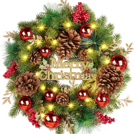 Quntis Merry Christmas Wreath with Lights, 16 Inch Pre-Lit Christmas Front Door Wreath with 8 Modes Timer, Artificial PineCones Red Berries Xmas Red Balls for Indoor Outdoor Fireplace Window Decor