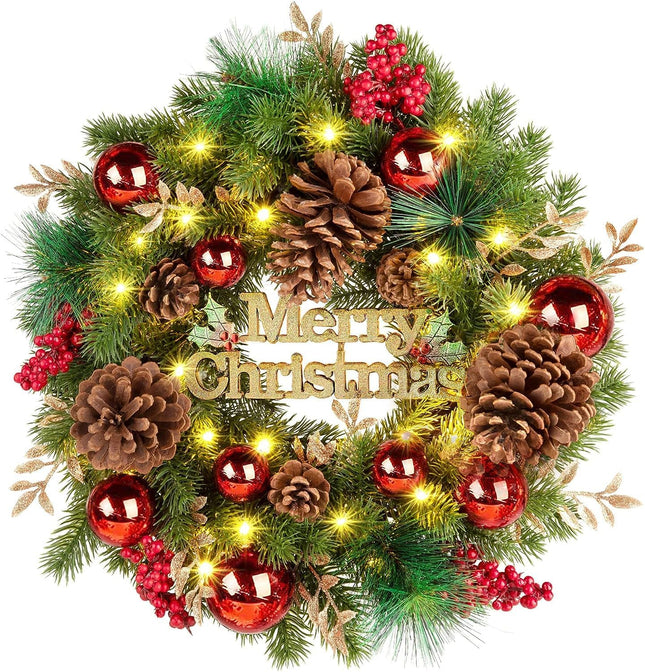 Quntis Merry Christmas Wreath with Lights, 16 Inch Pre-Lit Christmas Front Door Wreath with 8 Modes Timer, Artificial PineCones Red Berries Xmas Red Balls for Indoor Outdoor Fireplace Window Decor
