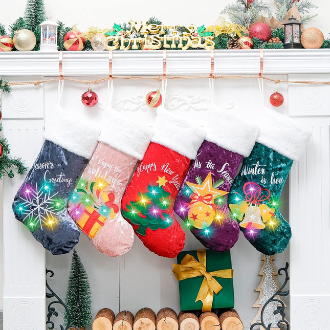 LUBOTChristmas Stocking (20inch) with LED Light Colorful Sparkly Embroidered tree bell snowflake fruit garland Applique Christmas Stockings Hanging for Family Decorations Xmas 5 Pack