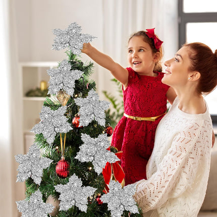 Sggvecsy 10 Pcs Christmas Glitter Flowers 9.8inch Christmas Tree Ornaments Shining Artificial Poinsettia Stems Floral Picks for Xmas Holiday Wedding Wreath Party Floral Decorations(Silver)