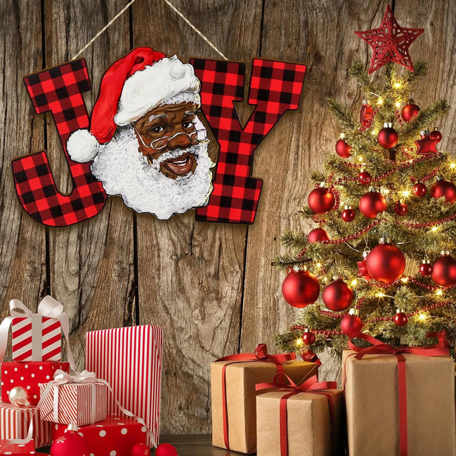 Black Santa African American Christmas Decorations Joy Letter Sign Red Buffalo Plaid Wood Joy Wall Hanging Xmas Wooden Letter Ornaments for Holiday Indoor Outdoor Home Decoration