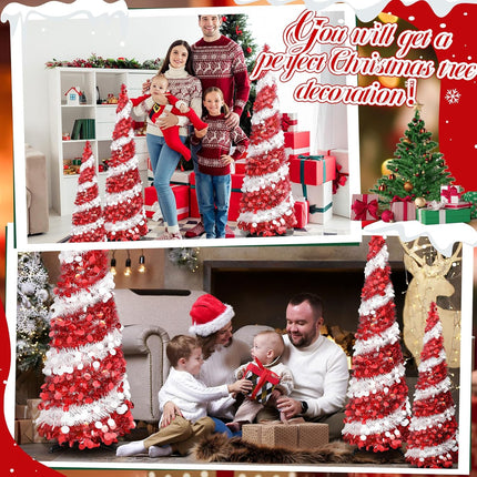 Leyndo 3 Pcs 3, 4, 5 Ft Collapsible Artificial Christmas Tree Pencil Pop up Christmas Tree Tinsel Skinny Red and White Sequined Christmas Tree for Home Fireplace Decoration