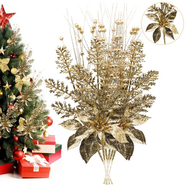 Artificial Glitter Berry Stem Ornaments, 18 Pack 17.5 Inch Gold Fake Christmas Picks Decorations with Poinsettia Christmas Flowers, Bead Sticks for Christmas Tree Wedding Small Vase Wreath Decor
