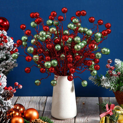 Hiboom 30 Pcs Christmas Glitter Ball Picks 14 Inch Artificial Curly Spray Ball Sticks Decorative Stem Picks for Holiday Wedding Vase Fillers Xmas Tree Topper DIY Wreath Crafts Decor (Red and Green)