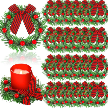24 Pcs Christmas Candle Rings with Red Berry Grass Wreath Candle Holder Rings Small Candle Wreaths Rings for Pillars Rustic Wedding Centerpiece Christmas Table Decoration for Front Door