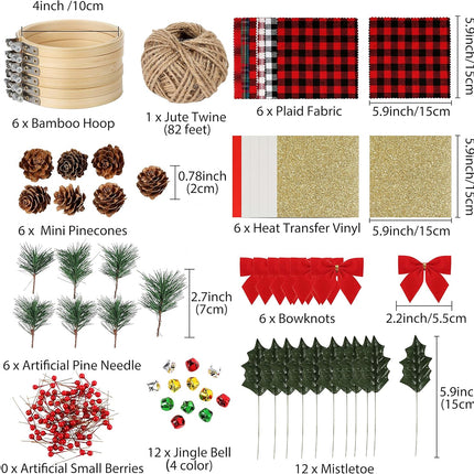 Pllieay 6 Pack of Christmas Ornament DIY Craft Kit Includes Christmas Plaid Fabric, Bamboo Hoop, Mini Pinecones, Artificial Pine Needle and Artificial Small Berrie for Christmas Decorations