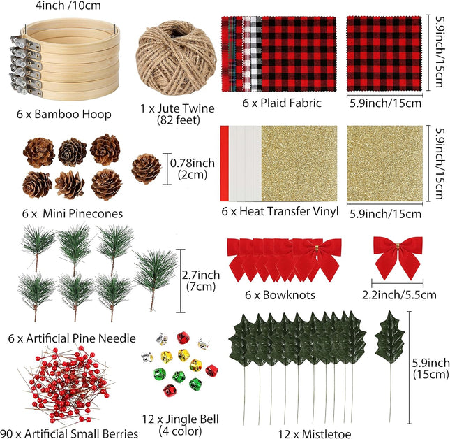 Pllieay 6 Pack of Christmas Ornament DIY Craft Kit Includes Christmas Plaid Fabric, Bamboo Hoop, Mini Pinecones, Artificial Pine Needle and Artificial Small Berrie for Christmas Decorations