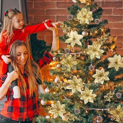CNhoqc 115pcs Christmas Tree Decoration Accessories, Set of Gold Glitter Artificial Flower, Berry Picks, Pine Cones, Stems, Christmas Poinsettia Flower for Xmas Tree Wreath Wedding Party Decor (Gold)