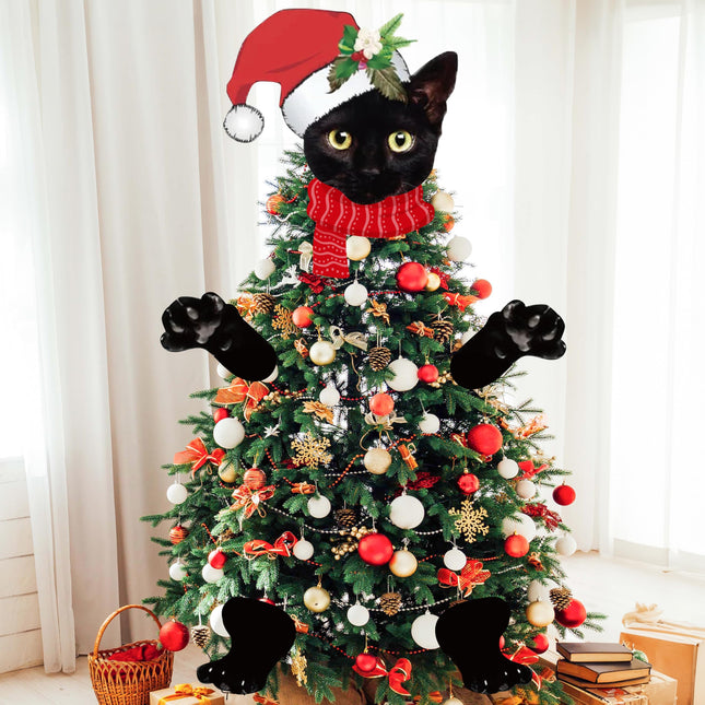 TICIAGA Black Cat Christmas Tree Topper - 20Pcs Large Size Black Cat Tree Topper with Santa Hat for Xmas Decoration Tree Decor with Head Arms and Legs for Christmas Indoor Outdoor Home Decor