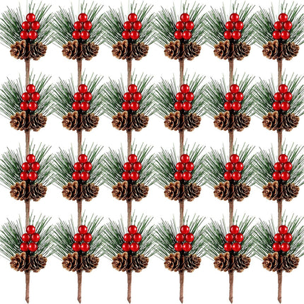 24 Pieces Artificial Pine Picks Christmas Red Berry Picks Pine Needles Branches with Red Berry Pinecones Berry Branches Fake Berries for Flower Arrangements Wreaths Holiday Xmas Tree Decoration