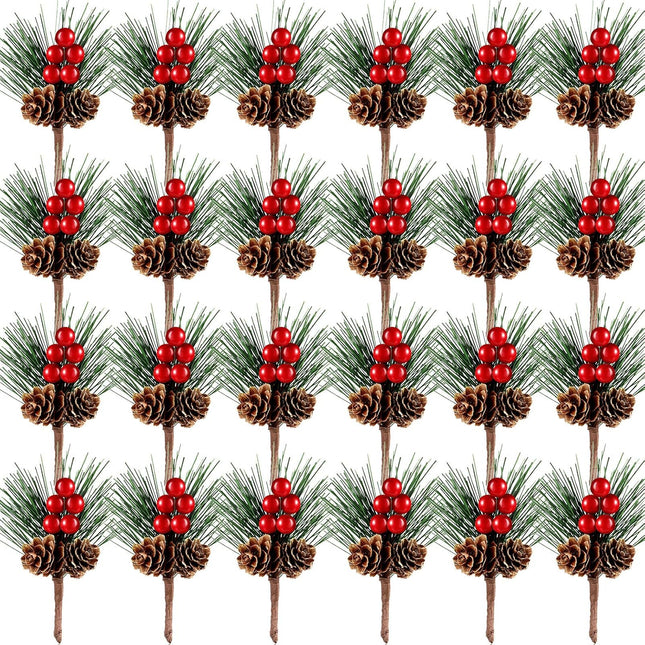 24 Pieces Artificial Pine Picks Christmas Red Berry Picks Pine Needles Branches with Red Berry Pinecones Berry Branches Fake Berries for Flower Arrangements Wreaths Holiday Xmas Tree Decoration