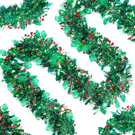Sggvecsy 39.37Ft Christmas Red Berry Tinsel Garland Xmas Tree Decorations Green Leaves Christmas Metallic Twist Garland Ceiling Hanging Decorations for Year Party Holiday Indoor Outdoor Supplies