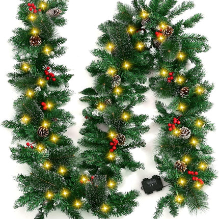 9 Feet Christmas Lighted Garland with 50 Lights, Battery Operated Artificial Snowy Garland Plants with Pine Cone Red Berry Garlands for Indoor Outdoor Home Fireplace Staircase Christmas Decorations
