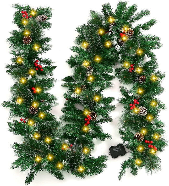 9 Feet Christmas Lighted Garland with 50 Lights, Battery Operated Artificial Snowy Garland Plants with Pine Cone Red Berry Garlands for Indoor Outdoor Home Fireplace Staircase Christmas Decorations