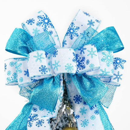 MEEDEE Blue Christmas Tree Topper 12" Wide Glitter Christmas Bows Snowflake Ribbon Bow Blue Tree Topper Blue Bows for Christmas Tree Decorations (1 Pack)