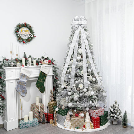 Christmas Tree Topper Bow, 53x13 Inches Large Christmas Bow with Glitter Streamer and Patterned Ribbon, Decorative Bows for Xmas Tree Wreath Door Festival Home Decor(White & Silver Snowflake)