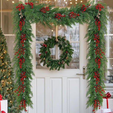 Dolicer 6FT Christmas Pine Garland, Artificial Cedar Garland with Red Berries, Lush Winter Greenery Garland with Lights for Mantel Home Fireplace Holiday Weeding Christmas Decorations