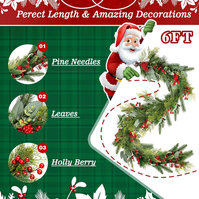 6 Ft Christmas Garland, Christmas Decorations Indoor or Outdoor, Christmas Wreaths for Front Door, Christmas Decorations, Decorated with Pine Cones, Berry Clusters, Frosted Branches