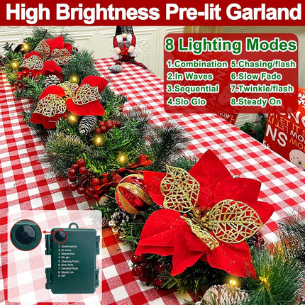 6 Ft 50 LED Prelit Christmas Garland Lights Decoration Timer Battery Operated 8 Modes 20 Snowy Bristle Pine,3 Bows,4 Poinsettia,3 Ball Ornaments,12 Snowy Pinecone,132 Red Berries for Home Indoor Decor