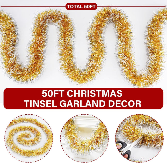 50 Feet Gold/White Christmas Tinsel Garland, Metallic Hanging Tinsel Streamers Garland for Christmas Decorations, Garland for Christmas Tree Birthday Party Indoor and Outdoor