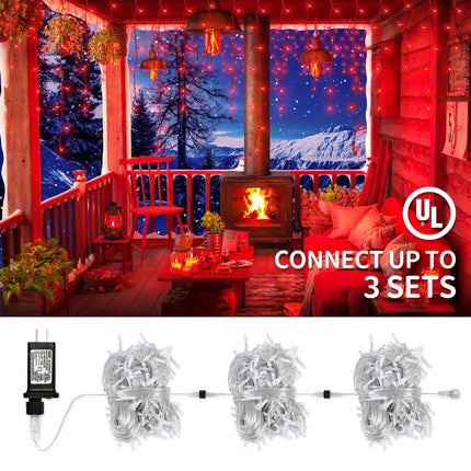 Christmas Lights Outdoor Icicle Lights 300LED 33FT 8 Modes, Connectable Hanging Fairy String Lights with 30V UL Plug in for Valentine Wedding Party Eave Garden Wall Indoor Decor, Red