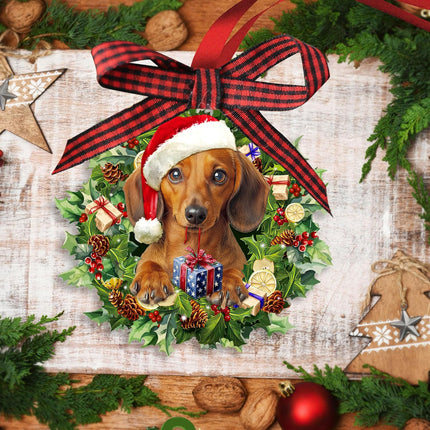 Talataca Dachshund Wearing A Hat Wreath Doxie Dog Lover 2D Flat Christmas Tree Wood Ornament Decor Wooden Hanging Decoration House Present Xmas Eve Keepsake Decorative