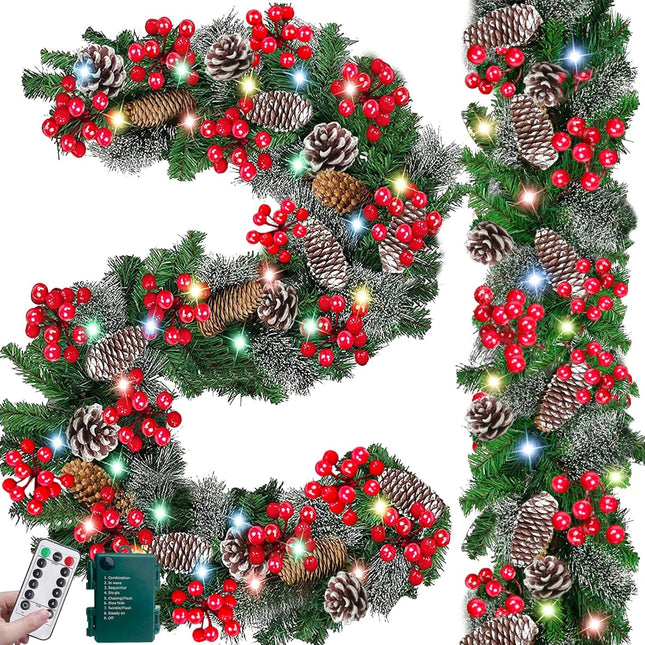 [ 2 Pack & Timer 8 Modes ] 9 Ft 50 Color LED Each Prelit Christmas Garland Lights 300 Thick Branch 198 Red Berry 18 Snowy Pinecone Xmas Garland Christmas Decorations, Total 18 Ft 100 Color Lights