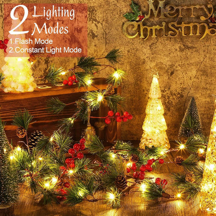 2 Pieces Christmas Garland with Lights Battery Operated Christmas Smokey Pine Garland Red Berry Pine Cone LED Christmas Lights for Mantel Pine Garland with Lights for Fireplace Stair Party (9 ft)