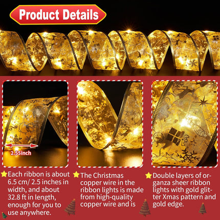 Christmas Tree Decorations, 2.5Inch x 32.8Ft 100 Led Christmas Tree Ribbon Lights with Timer, Battery&USB Powered 8 Lighting Modes Gold String Lights for Party Xmas Tree Decor
