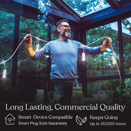 Brightech Ambience Pro Waterproof LED Outdoor String Lights, 48 Ft, Hanging, Dimmable Vintage Edison Bulbs, 15 Bulbs, 2W