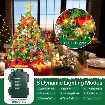 2FT Mini Christmas Tree, Artificial Tabletop Christmas Tree with 60 LED Lights, Prelit Small Christmas Tree, 100 Branch Tips, 80 Ornaments, Indoor Christmas Table Decor for Home Party