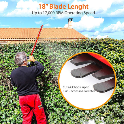 Corded Electric Handheld Hedge Trimmer - 4 Amp Electrical High Powered Hand Garden Trimmer Tool w/ 18 Inch Blade, 10 Ft Long Cord - Trims Bush, Shrub, Grass, Small Tree Branch - SereneLife PSLHTRIM52