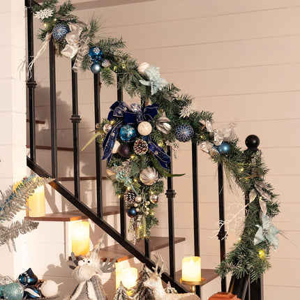 Valery Madelyn Pre-Lit Christmas Garland with Lights for Mantle, 6 feet Lighted Battery Operated Xmas Garland with Silver Light Blue Balls for Front Door Fireplace Table Centerpiece Outdoor Decor