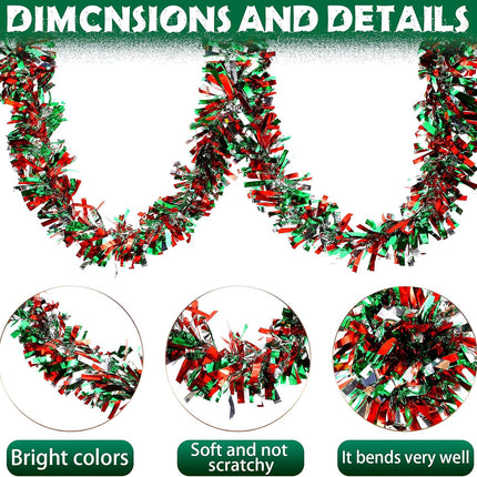 Dingion 59 Feet Christmas Tinsel Garland Metallic Twist Garland Ornaments Hanging Glitter Xmas Garland for Christmas Tree Indoor Outdoor Decoration Party Supplies(Silver, Red, Green)