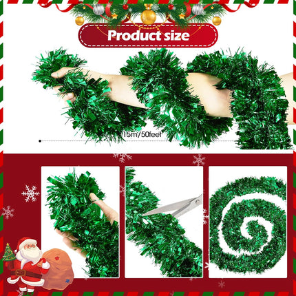 50FT Tinsel Christmas Garland Metallic Twist Garland Shiny Hanging Tinsel for Christmas Tree Party Supplies Indoor Outdoor Home Xmas Decoration (Green)