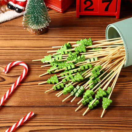 100 pcs Christmas Cocktail Picks Xmas Tree Party Picks Appetizer Picks Wooden Bamboo Toothpicks Skewers Decorative Sandwich Fruit Sticks for Christmas Party Appetizer Supplies