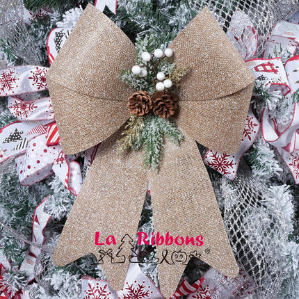LaRibbons Christmas Bows for Wreaths,18 x 13 Inch Large Plastic Burlap Christmas Bows with Pine Cone for Tree, Indoor Outdoor Decoration