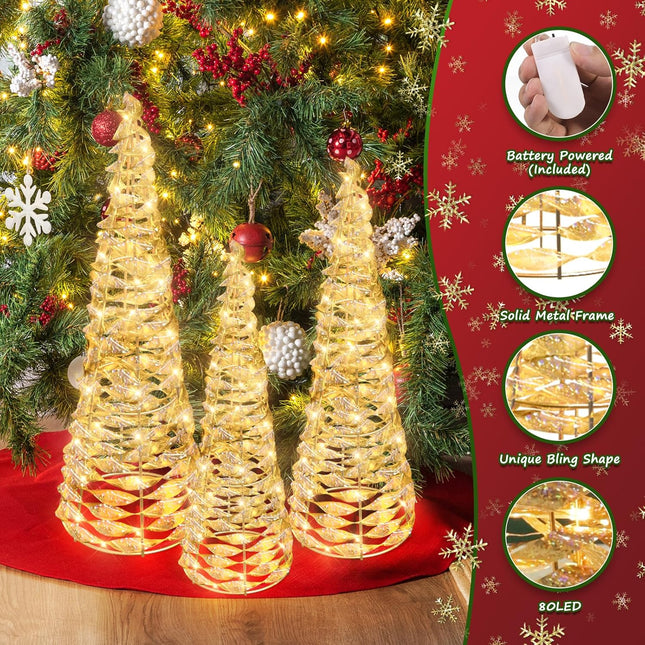 Set of 3 Christmas Cone Tree Lighted, Outdoor Small Artificial Christmas Tree with 70 LED Light, Glittered Tabletop Xmas Tree for Indoor Ornaments