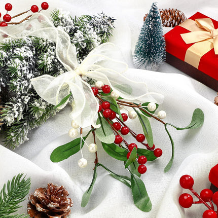 Artificial Mistletoe Pick Mistletoe Christmas Decoration with Berries and White Ribbon Bow Faux Mistletoe Hanging Mistletoe Kissing Ball for Christmas Tree Ornament Party Decor (Red White,2 Pieces)
