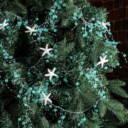 Christmas Beaded Starfish Garland Beach Decor Ocean Coastal Themed Beach Diamond Beads Garland with White Starfish Beaded Garland for Xmas Tree Wedding Beach Party Decor (with Lights, 33 Feet)