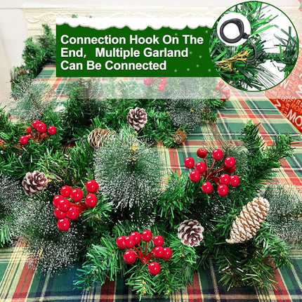 [ 2 Pack & Timer 8 Modes ] 9 Ft 100 LED Each Prelit Christmas Garland Lights 300 Thick Branch 198 Red Berry 18 Snowy Pinecone Waterproof Xmas Garland Christmas Decorations, Total 18 Ft 200 Warm Lights